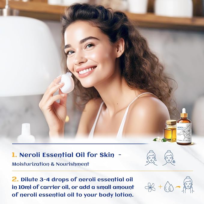 HIQILI Neroli Essential Oil 3.38 Fl Oz, Pure Natural Neroli Oil for Skin, Diffuser, Includes 10ML Travel Bottle - 100ML