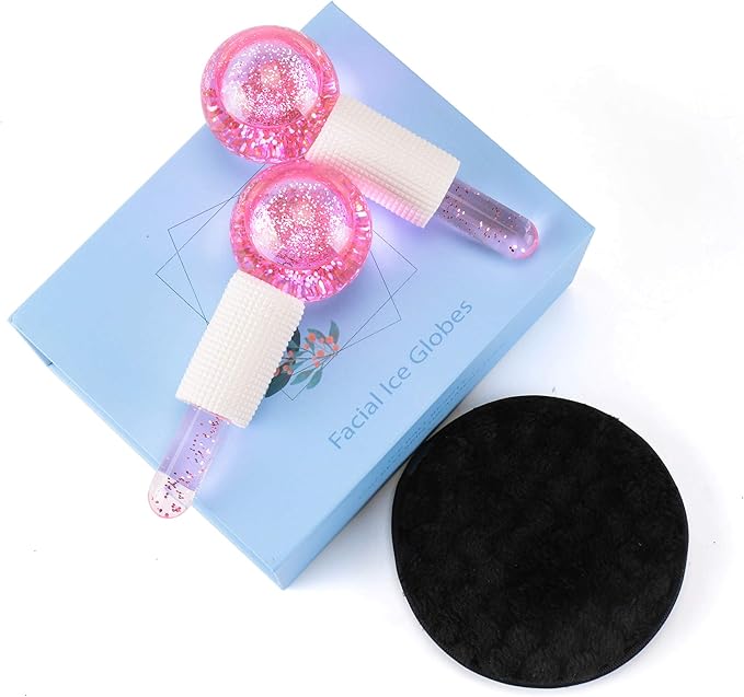 Facial Ice beauty ball- 2PC Globes Pink Facial Roller for Cold or Hot Skin Massagers Globe Durable Quartz Glass for Face and Eye Rollers Reduce Puffiness