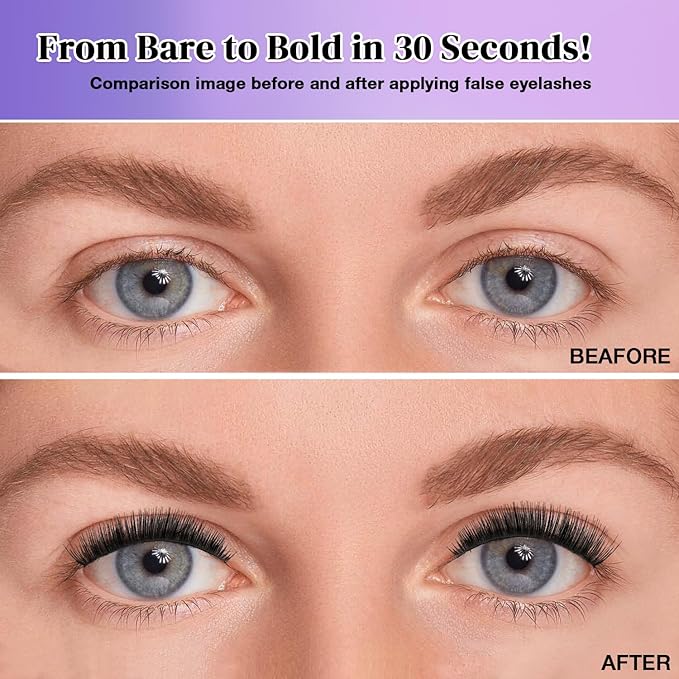 Fluffy False Eyelashes Kit With Bond, Seal and Tweezer, 7 Pairs Natural Look Fake Cat Eye Lashes Strips Thin Band Extensions Waterproof Easy Eyelashes for Beginners DF79