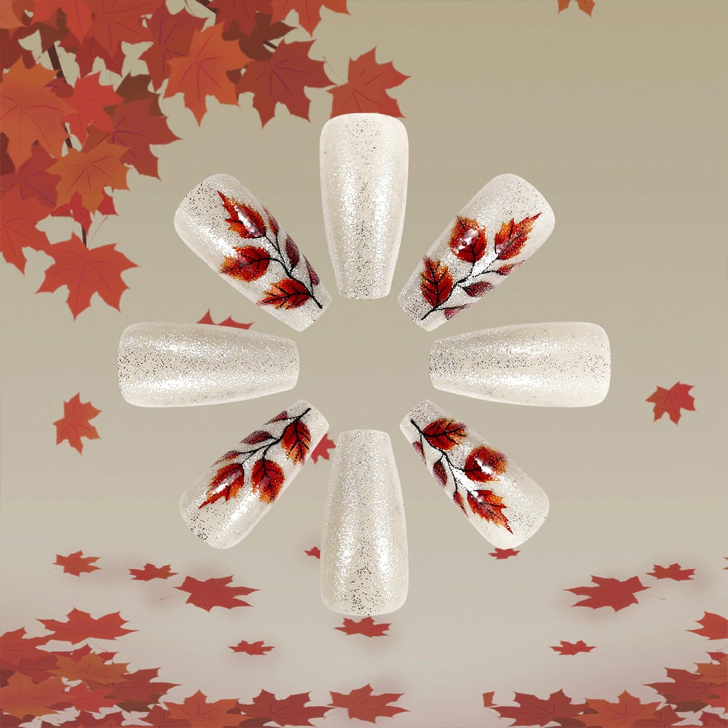 Glitter Thanksgiving Press on Nails Fall Maple Leaf Fake Nails Autumn Long Coffin Nail Glossy Maple Leaves Acrylic Glue on Nail for Women DIY Manicure