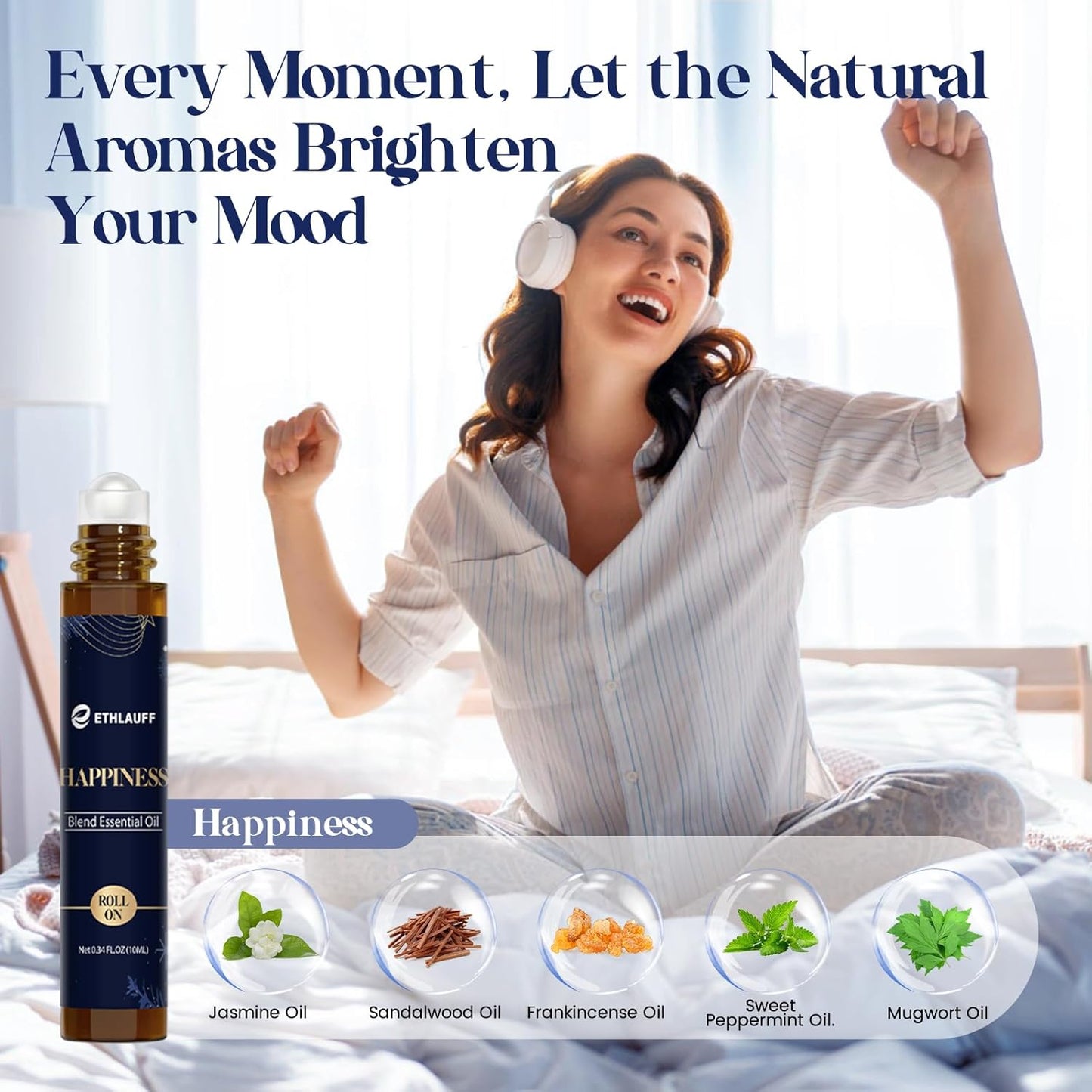 Essential Oil Roller Set, (Sleep, Relax, Happiness) Aromatherapy Roll On for Body Skin Care, Home - Natural Aromatherapy Gift, Relaxtion Gift, Stress Relief Gift for Women and Men