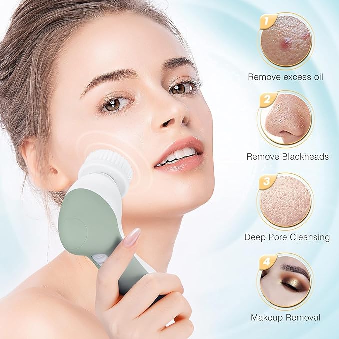 COSLUS Facial Cleansing Brush Silicone Face Scrubber: 7 in 1 FBS-D Electric Exfoliating Rotating Massage Device Waterproof Deep Cleaning Exfoliation Spa Machine - Electronic Skin Care Wash System