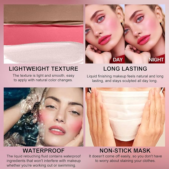 3Pcs Liquid Contour Makeup Trio with Bronzer Shade, Blush, Highlighter for Sculpted Makeup, Matte Finish Liquid Contour Set Easy to Create a Lightweight Look, Longwear Waterproof Formula (1, 6, 11)