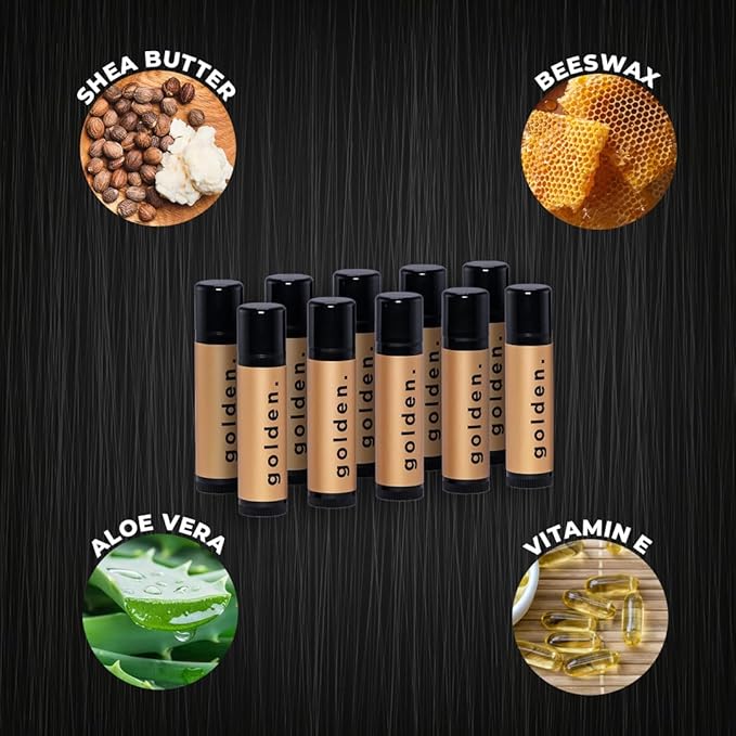 Golden Grooming Co. Lip Balm Set for Men - Soothing & Moisturizing Lip Balms for Dry, Cracked, Chapped Lips - Infused with Aloe Vera & Vitamin E - Vanilla Scent - Pack of 10