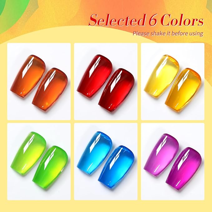 Born Pretty Neon Jelly Gel Nail Polish Glass Crystal Transparent Halloween Collection Soak Off Gel Nail Kit Minicure DIY Gifts 6PCS