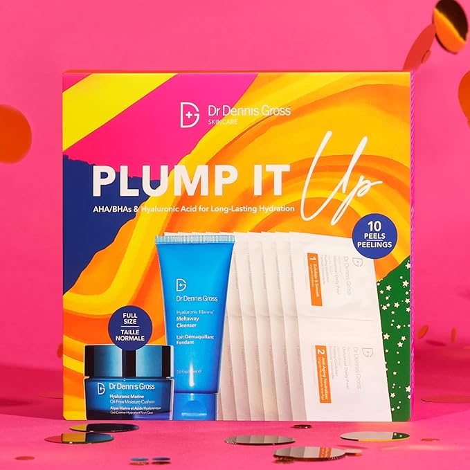 Dr Dennis Gross Plump It Up Kit: 3 Piece Dry Skin Essentials Set: Includes Hyaluronic Marine Moisture Cushion, Universal Daily Peel 10 App, Hyaluronic Marine Meltaway Cleanser