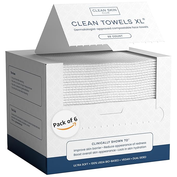 Clean Skin Club Clean Towels XL™, 100% USDA Biobased Dermatologist Approved Face Towel, Disposable Clinically Tested Face Towelette, Facial Washcloth, Makeup Remover Dry Wipes, 300 ct, 6 pack
