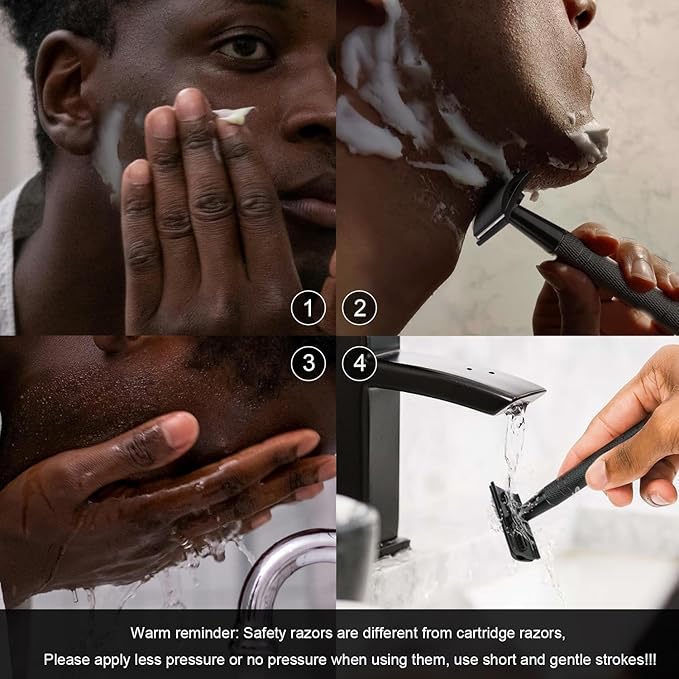 Double Edge Safety Razor with Stand, Single Blade Razors for Men and Women, Reusable Metal Razor, with 10 Stainless Steel Double Edge Blades, Smooth and Close Shave, Plastic Free, Matte Black