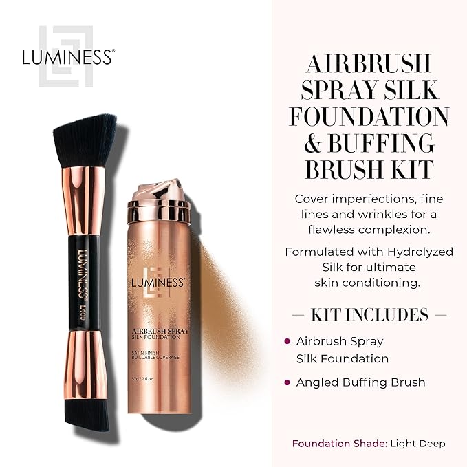 LUMINESS Silk Airbrush Spray Foundation & Buffing Brush Kit – Full Coverage Foundation & Dual-Sided Buffing Brush - Buildable Coverage, Anti-Aging Formula Hydrates & Moisturizes (Shade - Light Deep)