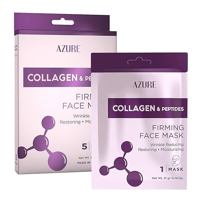 Azure Cosmetics Collagen & Peptides Lifting Facial Sheet - Restoring, Smoothing & Moisturizing Face Mask - Helps Reduce Fine Lines & Wrinkles, Smooths & Repairs - Skin Care Made in Korea - Pack of 5