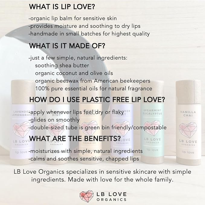 Plastic Free Lip Love | Jumbo Organic Lip Balm | Organic Beeswax and Plant Based | Zero Waste Natural Lip Balm (Lavender Mint)