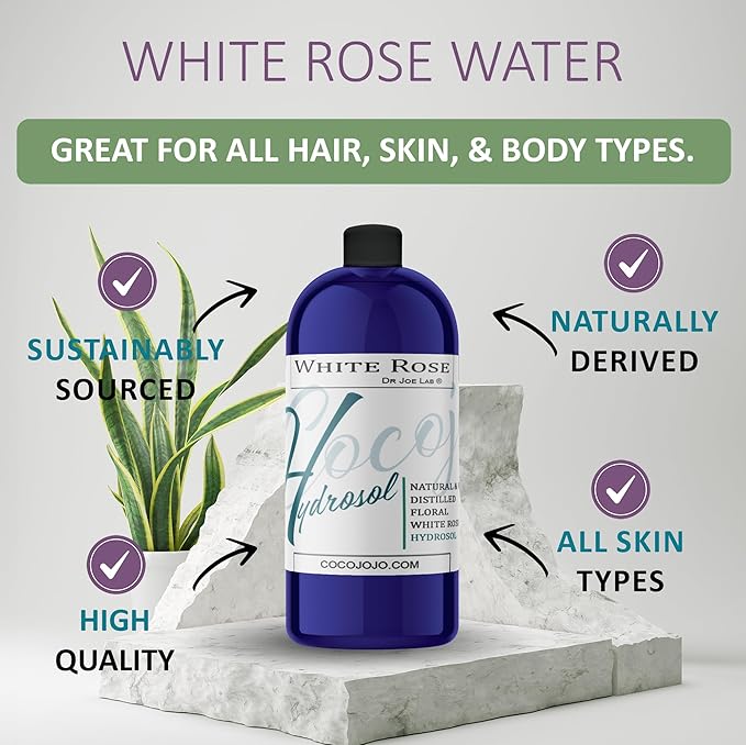 Dr Joe Lab White Rose Water Hydrosol - Pure Natural Distilled Bulgarian Rosewater Non-GMO Vegan Hydrating Toning Spray Mist Face Hair Skin Pores Locs Dreads - Packaging May Vary (32 oz)