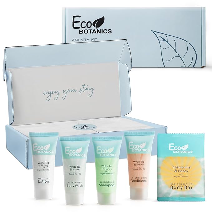 Eco Botanics Amenity Kit | Boxed Hotel Toiletries | Bulk Set 0.85 oz Travel Size Shampoo, Conditioner, Lotion, Body Wash & Body Bar Soap for Guest Hospitality AirBnB/Vacation Rentals | 1 set per case