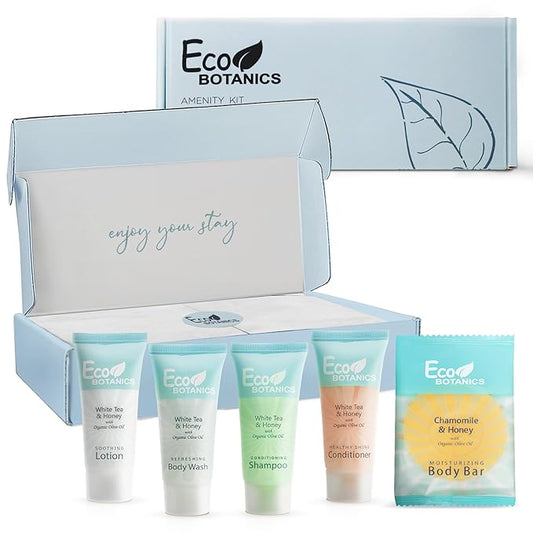 Eco Botanics Amenity Kit | Boxed Hotel Toiletries | Bulk Set 0.85 oz Travel Size Shampoo, Conditioner, Lotion, Body Wash & Body Bar Soap for Guest Hospitality AirBnB/Vacation Rentals | 1 set per case