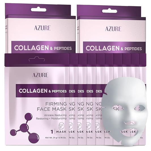 AZURE Collagen & Peptides Lifting Sheet Facial Mask - Restoring, Smoothing & Moisturizing Face Mask - Helps Reduce Fine Lines & Wrinkles, Smooths & Repairs - Skin Care Made in Korea - 10 Pack