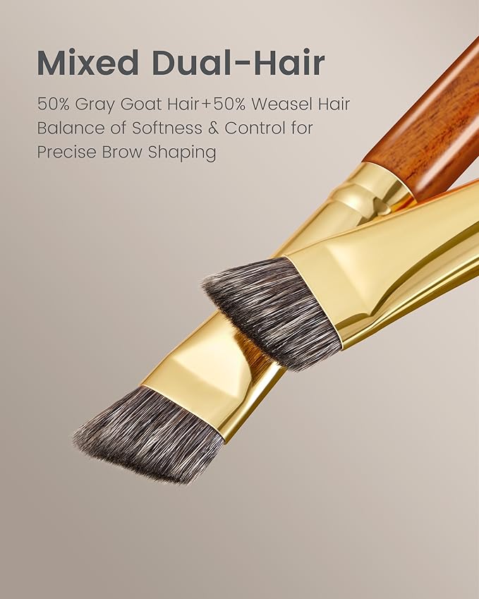 Desert Oak Series Flat Angled Eyebrow Brush - Straight Edge Design for Natural Hair-Like Strokes, 50% Weasel & Goat Hair Blend, Ebana Handle & Brass Ferrule (CM 167)
