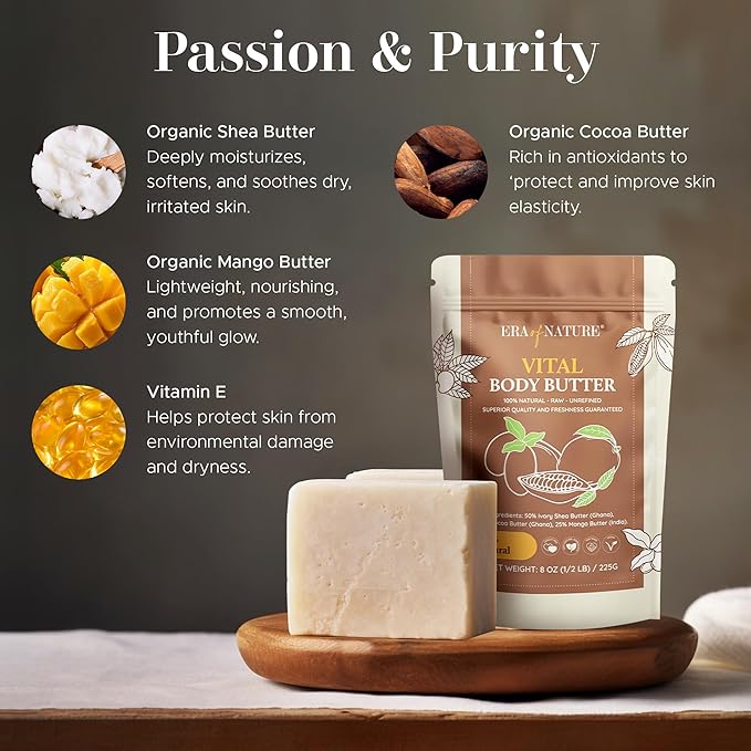 Era of Nature Organic Shea, Mango & Cocoa Body Butter – Raw, Unrefined, 100% Natural – Perfect Base for DIY Skincare, Body Butters, Lotions, Soaps & Lip Balms – Essential for Homemade Creations – 32oz