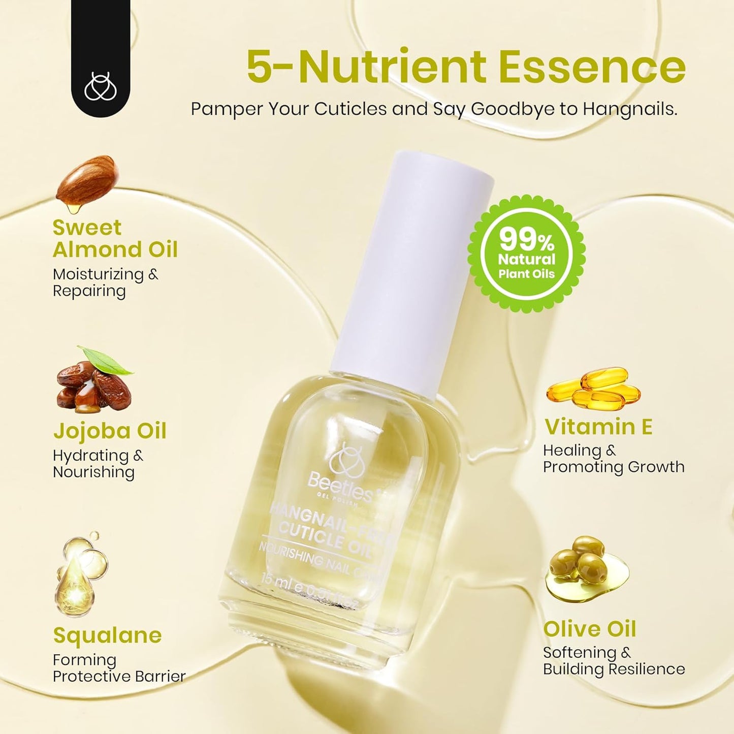 Beetles Cuticle Oil for Nail 15ml Almond Fragrance Care with Jojoba Oil & Vitamin E Nail Growth and Repairs Cuticles, Natural Sweet Almond Nourish Skin Salon Gifts for Women