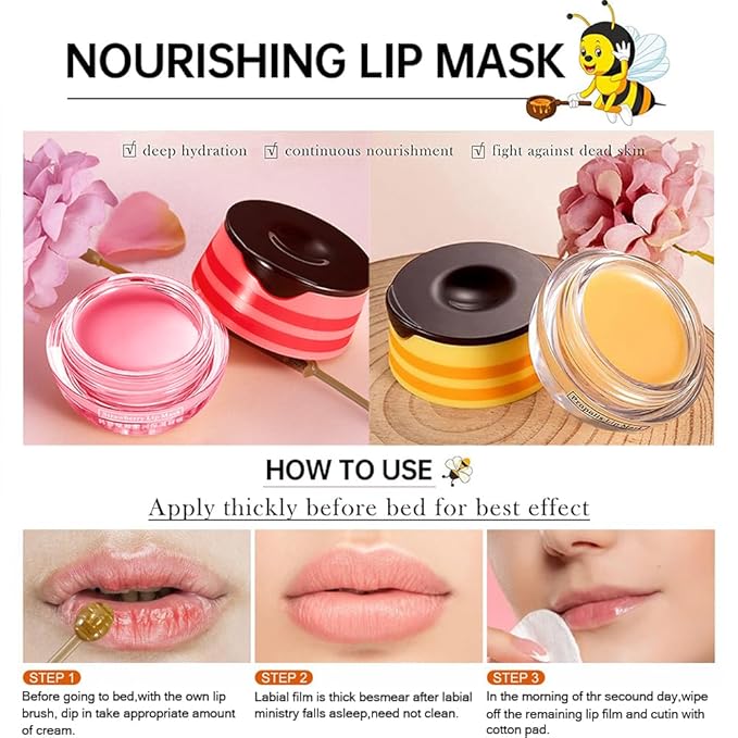 Bee Lip Balm Honey Pot,4 PCS Strawberry & Honey Moisturizing Propolis Lip Mask,Hydrating Prevention Dry and Cracked Lip Scrubs Exfoliator,Lip Sleep Mask Reduces Lip Lines Lip Skin Care Products…