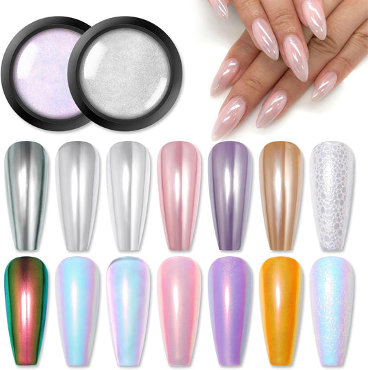 Born Pretty Chrome Powder Metallic Mirror Auroras Mermaid Pearl Pigment Powder Manicure Nail Art Decoration Sets 2 Boxes