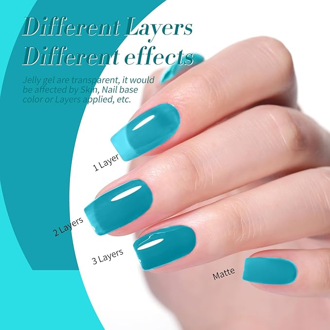 Born Pretty Jelly Gel Nail Polish Set Spring Summer Crystal Glass Translucent Pastel Sheer Gel Polish Pink Green Blue Red Yellow Silver Shiny Glitter Gel Nail Polish Nail Art Gel DIY Gift 6PCS