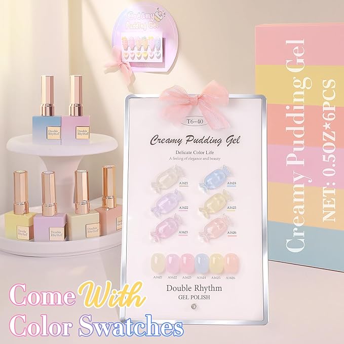 Double Rhythm 6 Pcs 15 ML Gel Polish Set Same Color Same Bottle Soak Off Gel Polish Kit Nail Art Manicure Salon DIY at Home for Women (Jelly Blue Purple Nude Pink-T6-40)