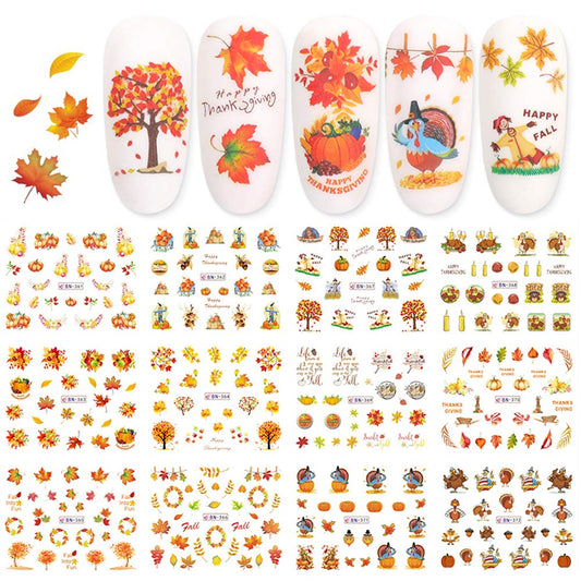 Fall Nail Stickers Autumn Maple Leaf Nail Art Decals Thanksgiving Day Water Decal Transfer Slider Set Turkey Pumpkin Nail Art Foil Stickers Nail Supplies Accessories Decoration Manicure Tips 12 Design