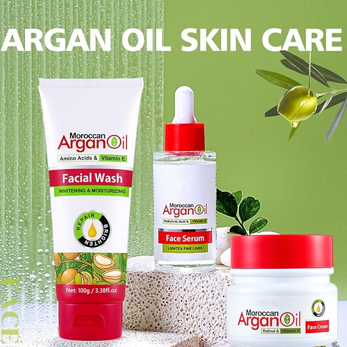 Argan Oil for Face, Argan Oil Skin Care Gift Set for Skin, Vitamin E Serum for Face, Dry Skin Care Routine Kit for Women, Deeply Moisturizing Skin Care for Dry Skin, Retinol & Vitamin E Cream