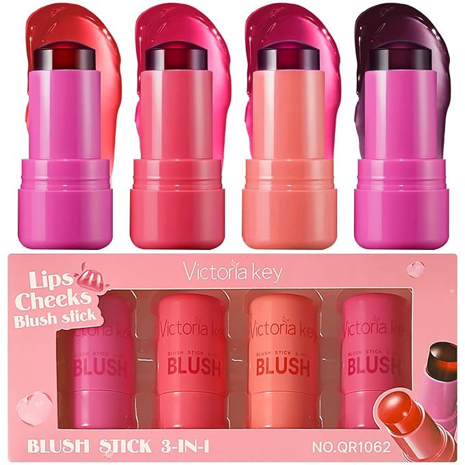 4 Pcs Jelly Blush Stick,Sheer Lip & Cheek Stain Makeup Cooling Water Jelly Tint, Multiple Use Long Lasting Jelly Texture Non-Stick Blush for Cheeks, Pigmented Waterproof Makeup Blush