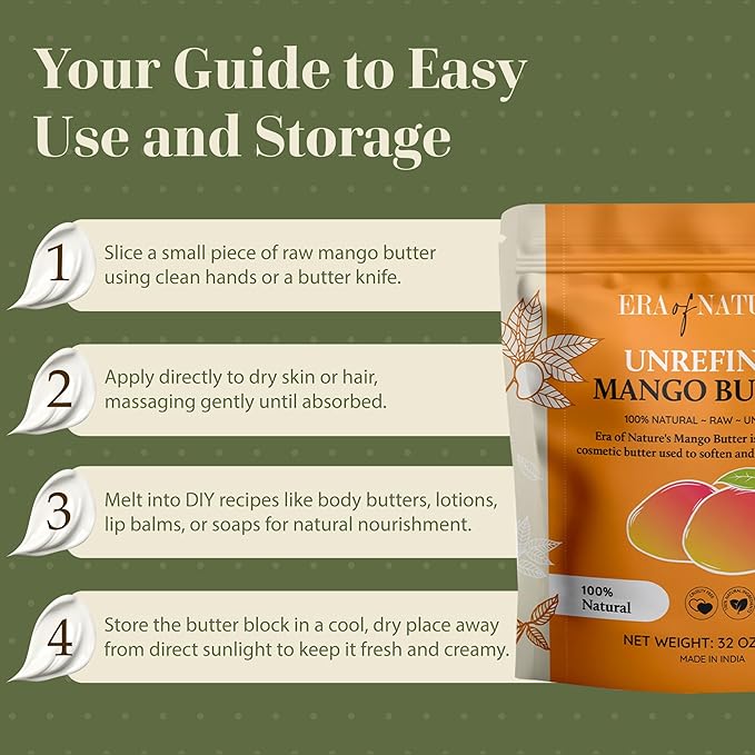 era of nature Organic Unrefined Raw Mango Body Butter Block 32oz - Moisturizing Mango Seed Raw Butter Bar for Skin & Hair, DIY Lip Balm Base, Cream, Soap & Lotion Making Supplies, Personal Skincare