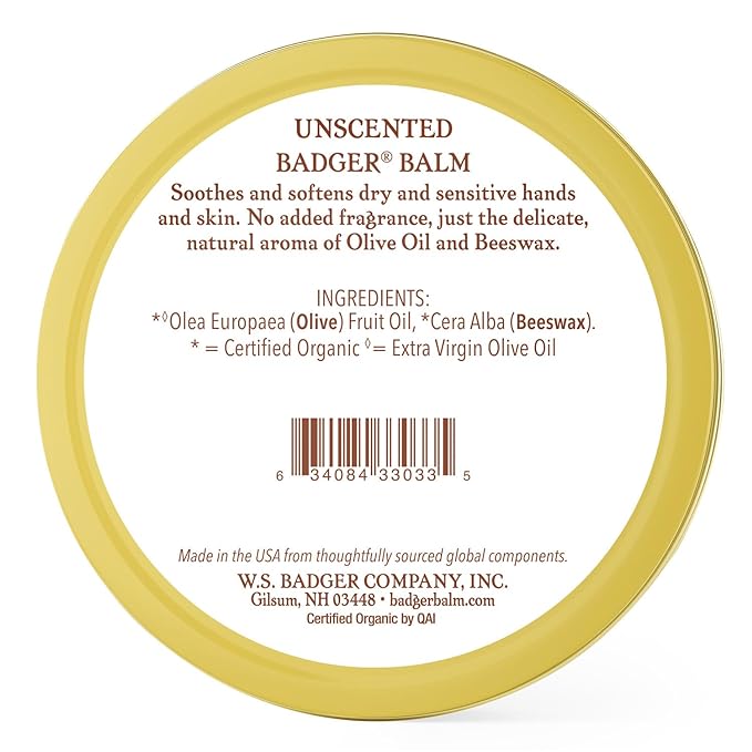 Badger - Unscented Dry Skin Balm, Sensitive Skin Balm, Moisturizing Balm for Dry Cracked Skin, Unscented Balm, Skin Moisturizer Balm, 2 oz