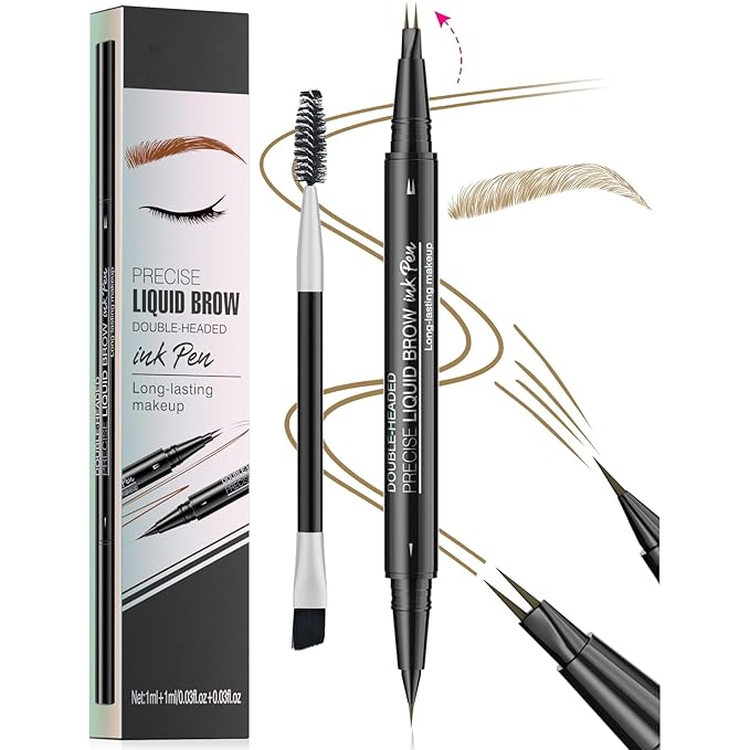 Curved Microblading Eyebrow Pencil, Eyebrow Pen 2-in-1 Dual-Ended Eyebrow Pencil with 2-Fork-Tip and Single Tip Creates Natural Eyebrows Waterproof Long-lasting(Light Brown)