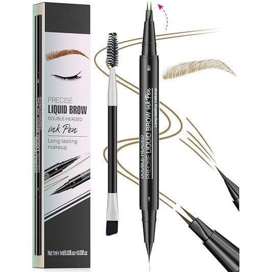 Curved Microblading Eyebrow Pencil, Eyebrow Pen 2-in-1 Dual-Ended Eyebrow Pencil with 2-Fork-Tip and Single Tip Creates Natural Eyebrows Waterproof Long-lasting(Light Brown)