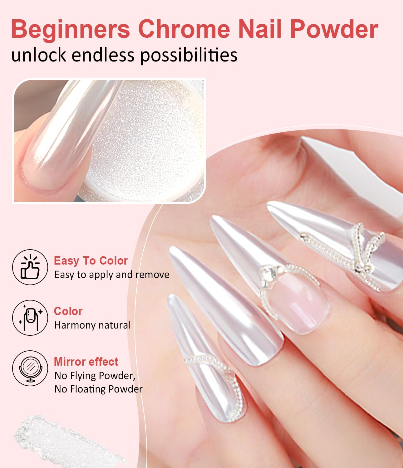 Chrome Nail Powder BISHENGYF -【Fairy Effect】Gold Chrome Nail Powder Aurora Mermaid White Pearl Pink Chrome Powder For Nails, Metallic Mirror Pigment Glitter Dust For Manicure Decoration DIY