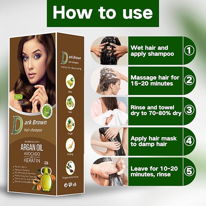 Gray Coverage Color Shampoo - 3-in-1 Color Depositing Shampoo with Herbal Formula, Ammonia-Free Hair Dye for Women & Men, Long-Lasting Root Touch Up (Dark Brown, Lasts 6 Weeks)