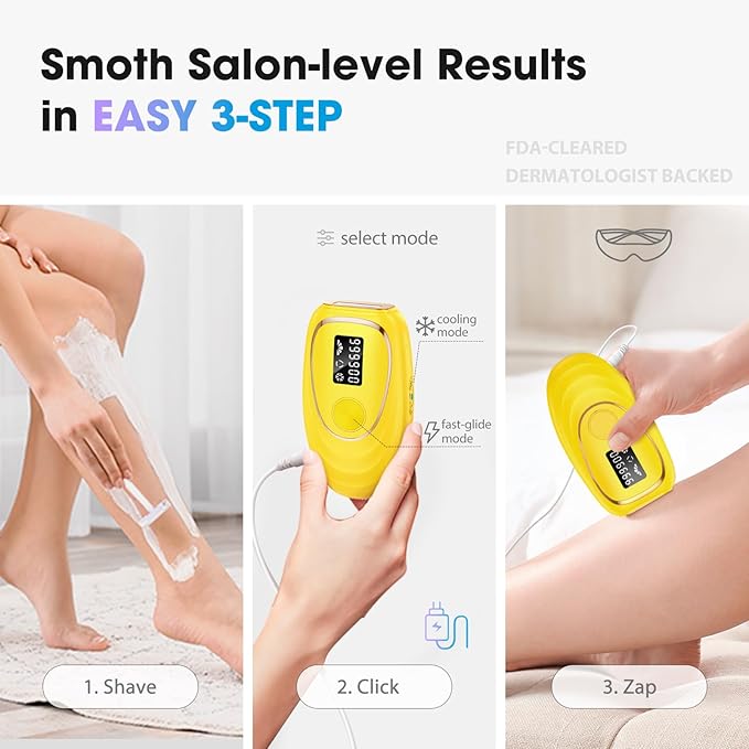 IPL Laser Hair Removal Device for Women & Men - Home 45°F Ice-Cooling Contact for Painless & Long-Lasting Results, 86% Hair Reduction in 3 Weeks for Full Body & Bikini Line, Light Yellow