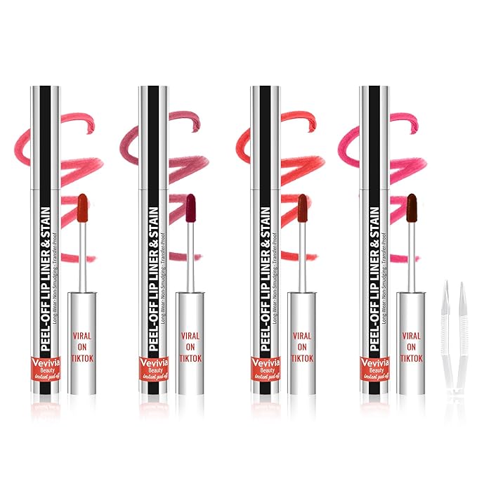 4pcs Lip Stain Peel Off - Lip Liner Stain Long Lasting Waterproof with Tweezer,2-in-1 Lip Liner Matte,Natural Finish,Non-Stick Cup,Stay On All Day,Perfect for Gift(Cocoa+Rose+Nude+Mauve)