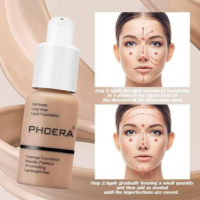 PHOERA Foundation Makeup Naturally Liquid Foundation Full Coverage Mattle Oil-Control Concealer 8 Colors Optional,Great Choice For Gift(#101 Porcelain,30ml)