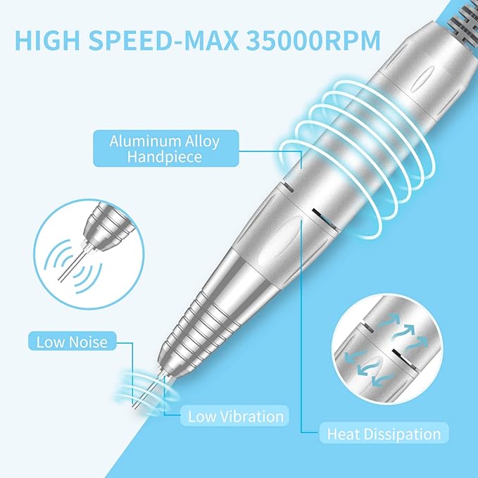 Portable Nail Drill Professional, 35000 RPM Rechargeable Electric Nail File Machine E File for Acrylic Nails Gel Polishing Removing, Cordless E-file with Bits Kit for Manicure Salon Home,Blue