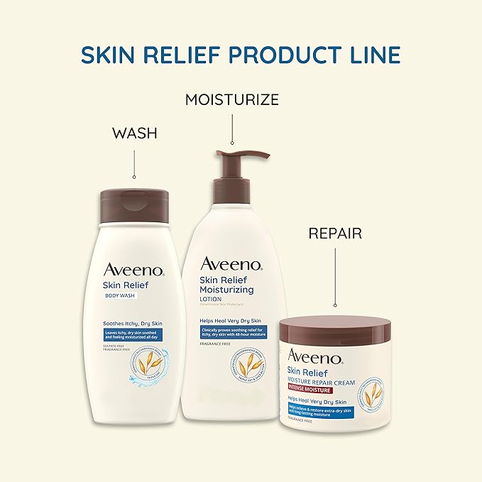 Aveeno Skin Relief Moisturizing Lotion for Very Dry, Itchy Skin with Soothing Triple Oat & Shea Butter Formula, Fragrance Free, 12 Fl. Oz