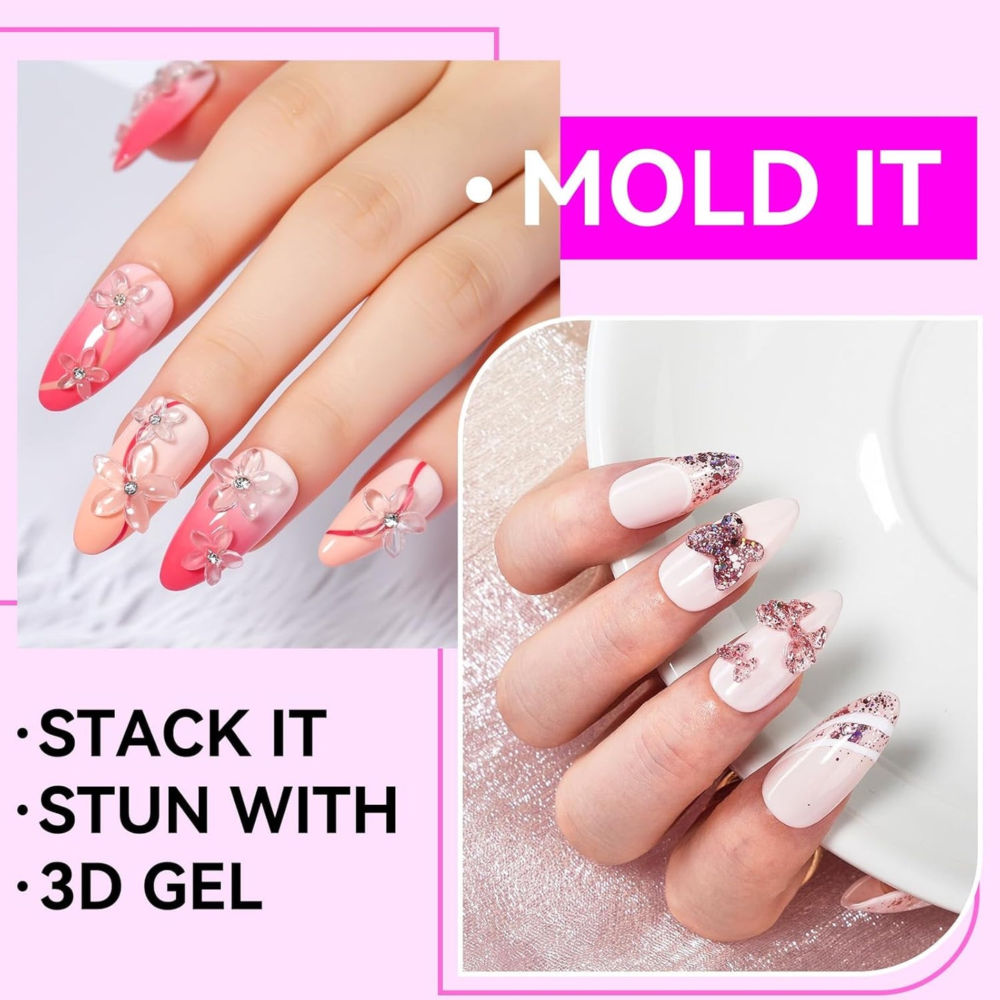 Makartt 3D Gel Nail Art: 4 in 1 Clear Solid Gel Builder for Extension UV Nail Glue for Acrylic Nails Rhinestones 3d Sculpting Gels Hard Gels for Nails UV/LED Nails Lamp Required 15ML 2 Bottles