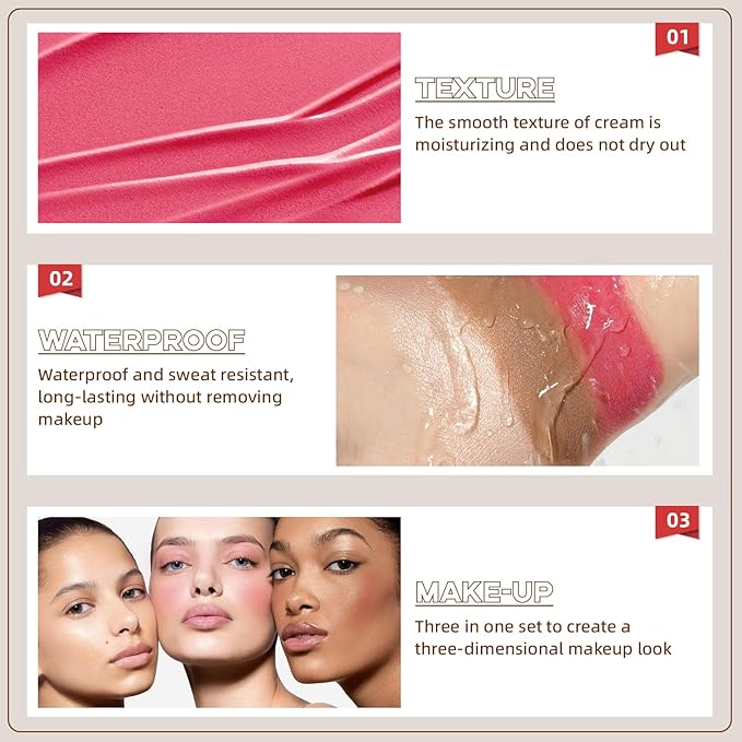 3Pcs Cream Contour Stick Makeup Set, Cream Bronzer Blush Highlighter Stick for Cheeks Eyes Lips, Long Lasting Waterproof Blendable Dewy Finish Face Stick Trio Wand for All Skin (1+3+6)