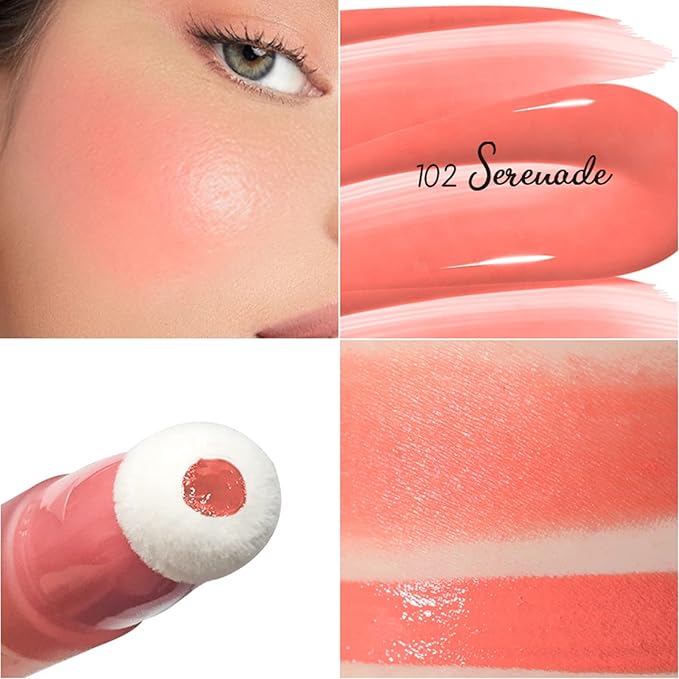 Blush Beauty Wand,Matte Face Blush Contour Wand with Cushion Applicator,Smooth Creamy Dewy Liquid Blush Wand,Blendable Blush Rouge Stick for Cheek,Cruelty-free,102 Serenade,Coral