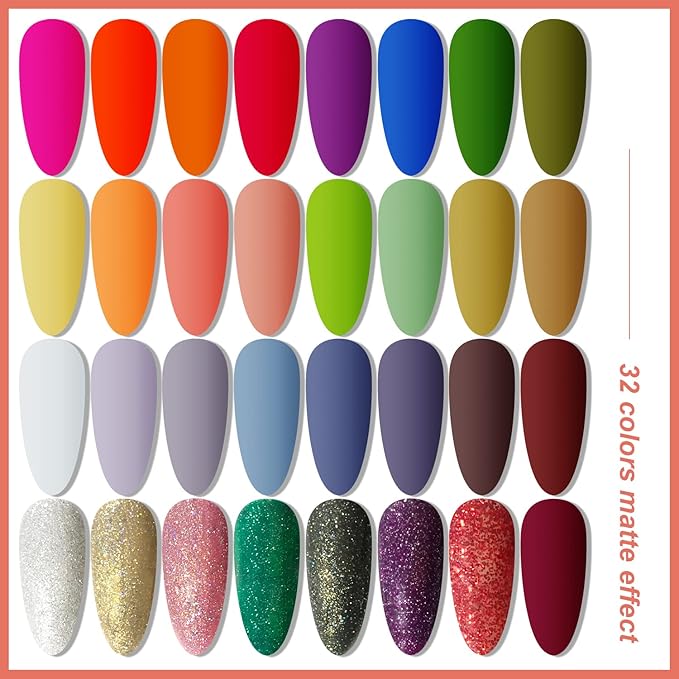 JODSONE Gel Nail Polish Kit with U V Light 32 Colors with Base Coat Matte Glitter Top Coat Gel Nail Set Manicure Salon Tools