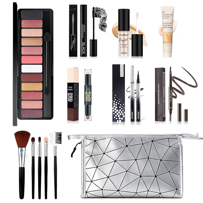 All in One Makeup Kit for Women Full Kit, includes 12 Colors Eyeshadow, 5PCS Brush Set, Eyebrow Pencil, Eyeliner & Mascara, Contour Stick, Primer & Liquid Highlighter With Cosmetic Bag Makeup Set