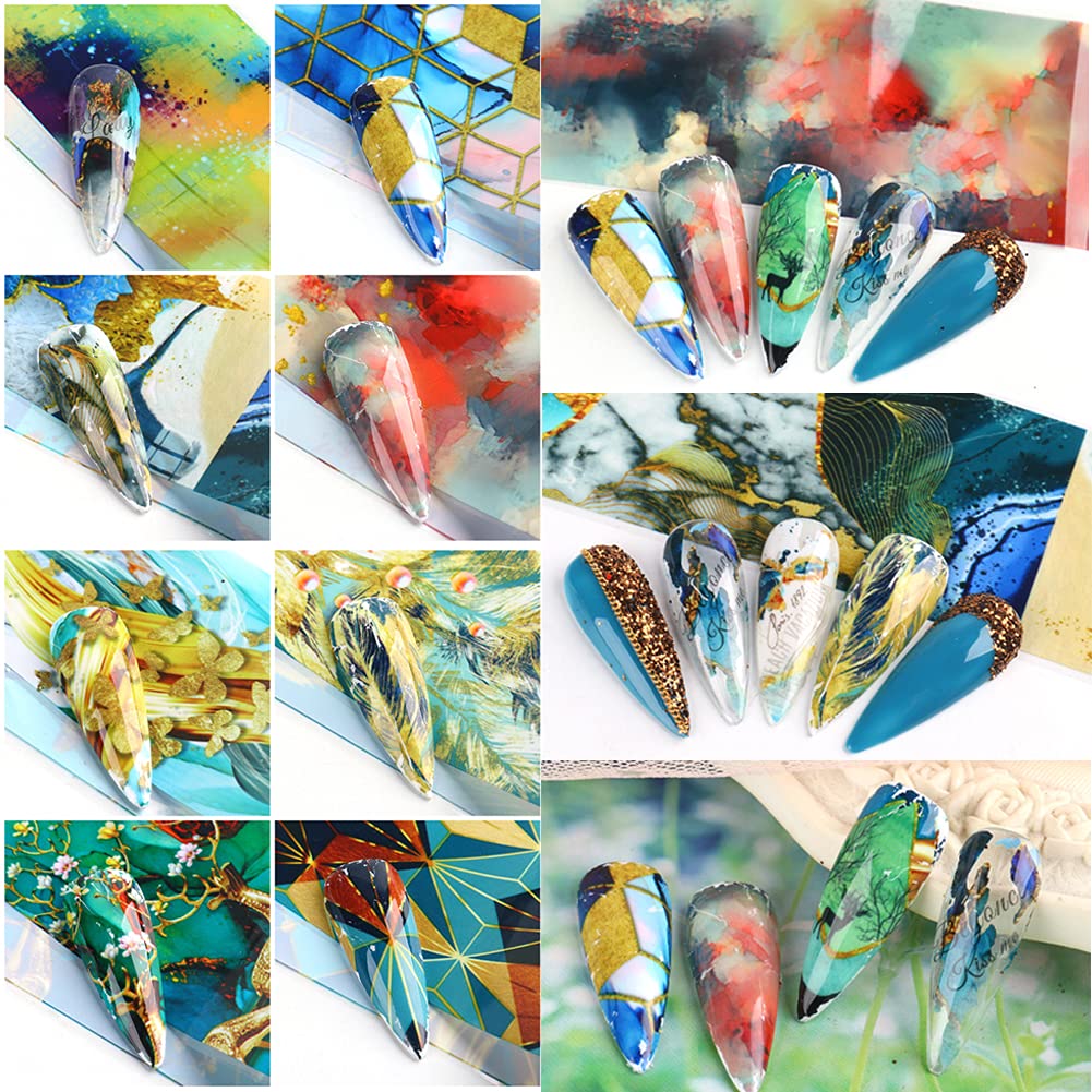 Marble Nail Foils Transfer Stickers Nail Art Supplies Foil Transfers Decals Holographic Marble Starry Sky Nail Foil Design Sticker for Women Acrylic Nails DIY Manicure Tips Wraps Decoration 10 Sheets