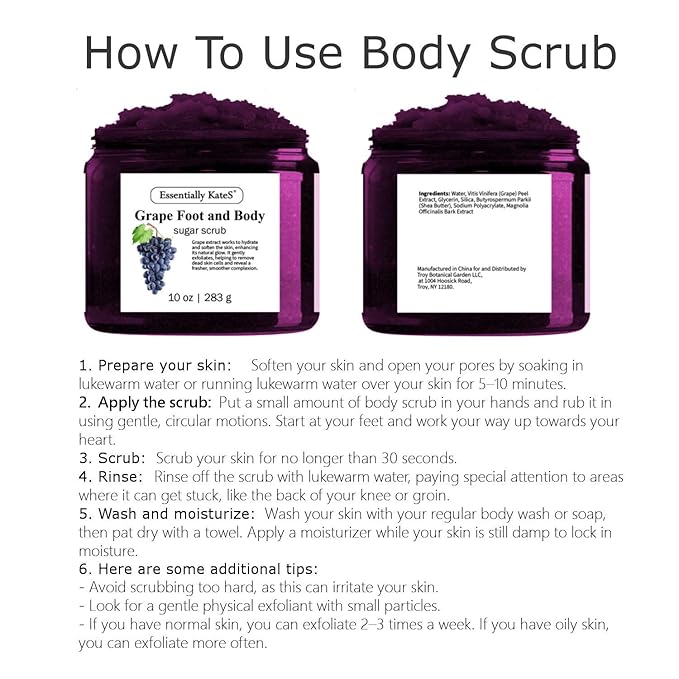 Grape Body & Foot Scrub 10 oz - Improves the elasticity and firmness of skin - Removes dead skin cells, and tighten and tone skin - The best stocking stuffer.