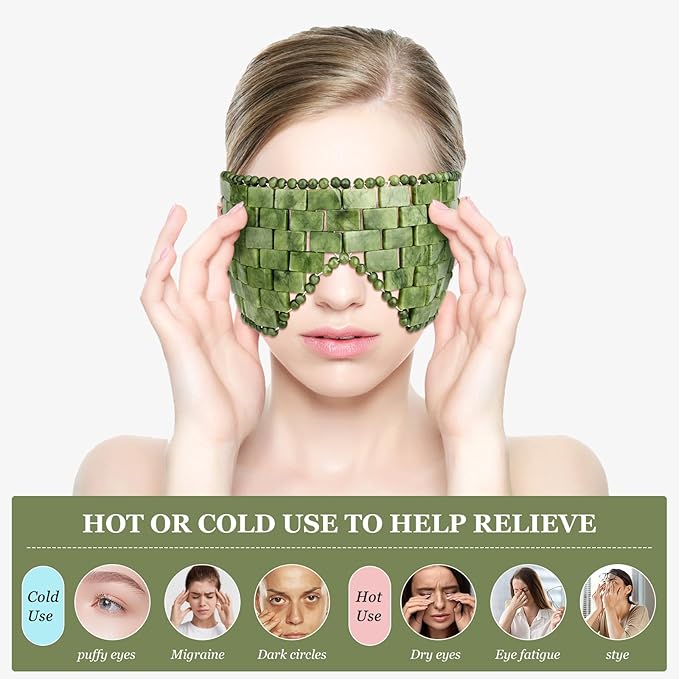 Jade Eye Mask, 2Pcs Large Facial Cooling Mask with 100% Real Jade for Hot & Cold Therapy,Green Jade Facial Eyes Sleeping Mask Relief Eye Cover by LazyGa