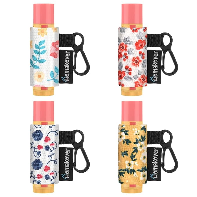 4 Pack Compact Clip-On Chapstick Holder Lip Balm Holder Keychain, Premium Release Clip Elastic Sleeves Lip Gross Holder Keychain Clip On Lipstick Sleeve, Fits Most Standard Lip Balm