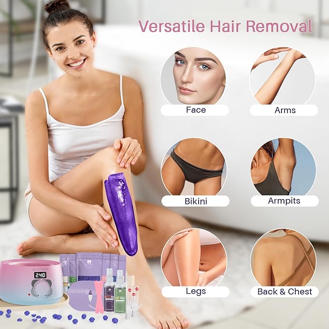 BLITZWAX Brazilian and Bikini Waxing Kit for Women, Hard Wax Warmer for Face, Legs and Body, At Home Hair Removal Kit, Beginner Friendly, Quick Heating, Pink and Blue Gradient Color